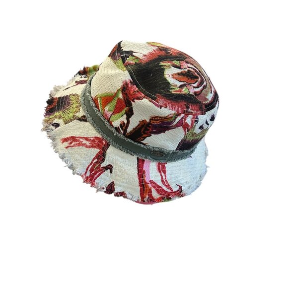 Floral Pistil Bucket Hat Cream Red Pink Flowers Khaki Band Boho Resort Wear - Picture 3 of 9
